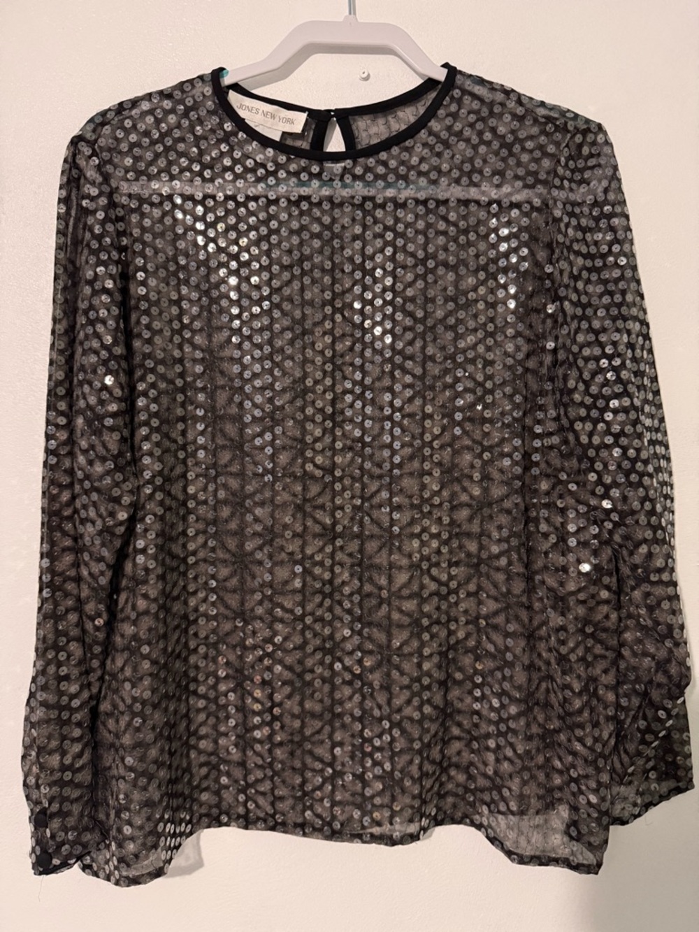Jones New York Black Sequin Sheer 100% Silk Blouse size 8/10?